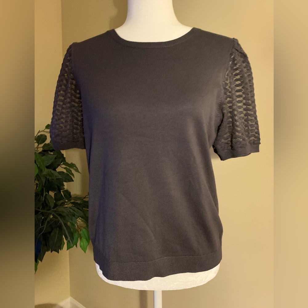 NWT Sweater: Lacy Short Sleeves, Lightweight, Gray, Crew Neck, Ribbed Edges